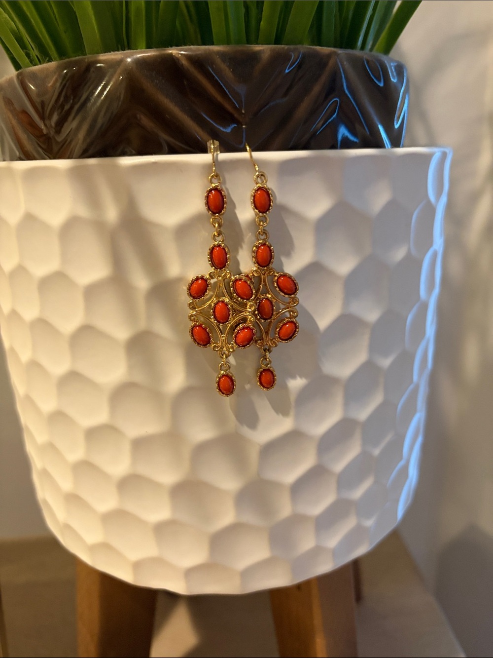 Gold-Tone Chandelier Earrings with Orange Cabochons